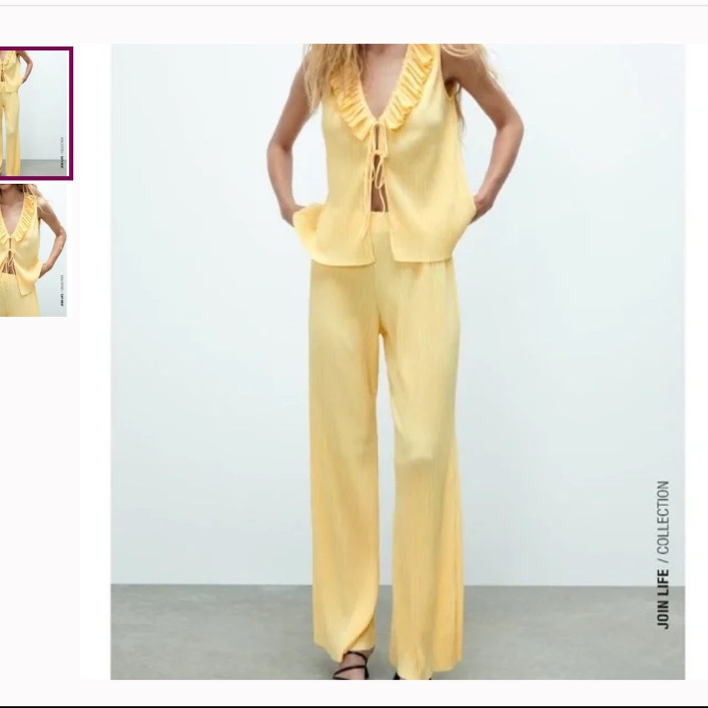 ZARA PASTEL YELLOW PLISSE PLEATED RUFFLED TOP AND PANTS SET size S/M